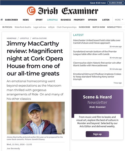 主流媒体为爱尔兰传奇音乐人Jimmy MacCarthy加冕——东方夫人陈秋梅，一袭红装点亮科克歌剧院